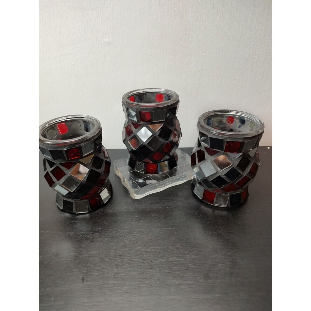 Mosaic Stained Glass Votive Candle Holder Tealight set of 3 Moody Decor